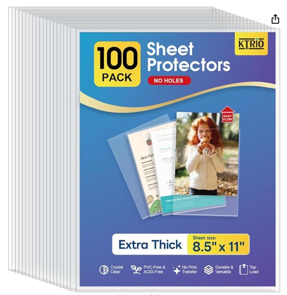 <100 Pack Heavy Duty No Holes Sheet Protectors, Letter Size, Top Loading